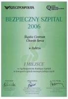 I miejsce w Ogólnopolskim Rankingu Szpitali „Rzeczpospolitej” - Bezpieczny Szpital 2006 - w kategorii „Najlepszy monospecjalistyczny szpital publiczny w Polsce” - Zdjęcie główne