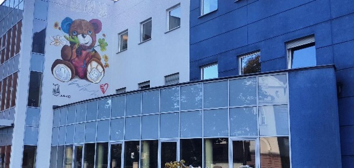 Kolorowy budynek B Śląskiego Centrum Chorób Serca z muralem Misia 