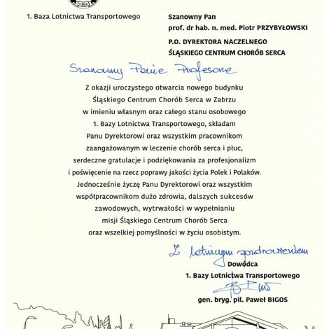 List gratulacyjny - Baza Lotnictwa Transportowego