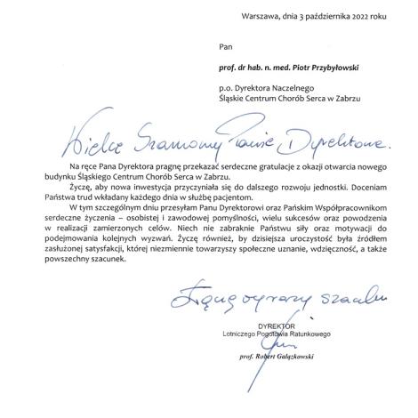 List Gratulacyjny - Lotnicze Pogotowie Ratunkowe