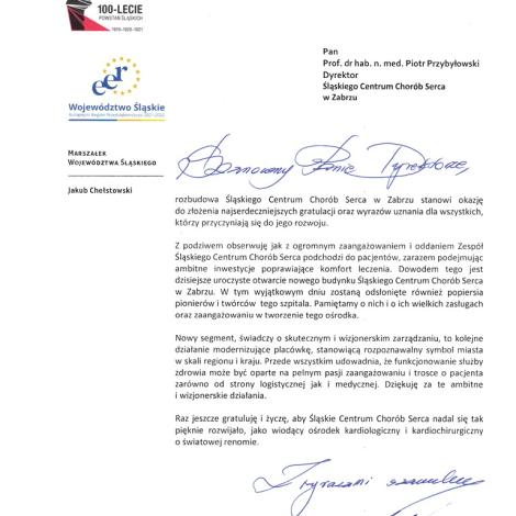 List gratulacyjny - Marszałek Województwa Śląskiego