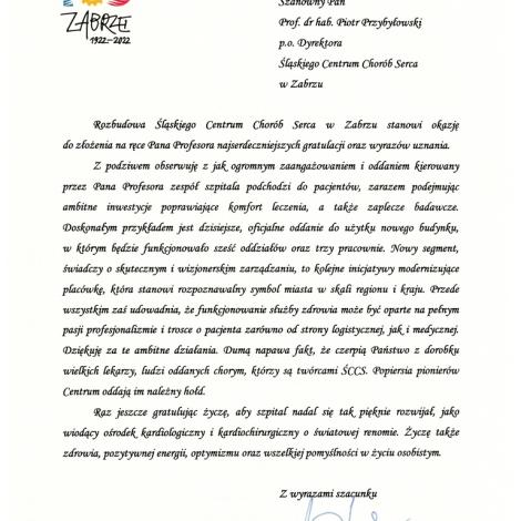 List Gratulacyjny - Prezydent Miasta Zabrze