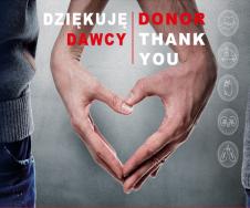 dwie dłonie ułożone w kształt serca, napis dziękuję dawcy