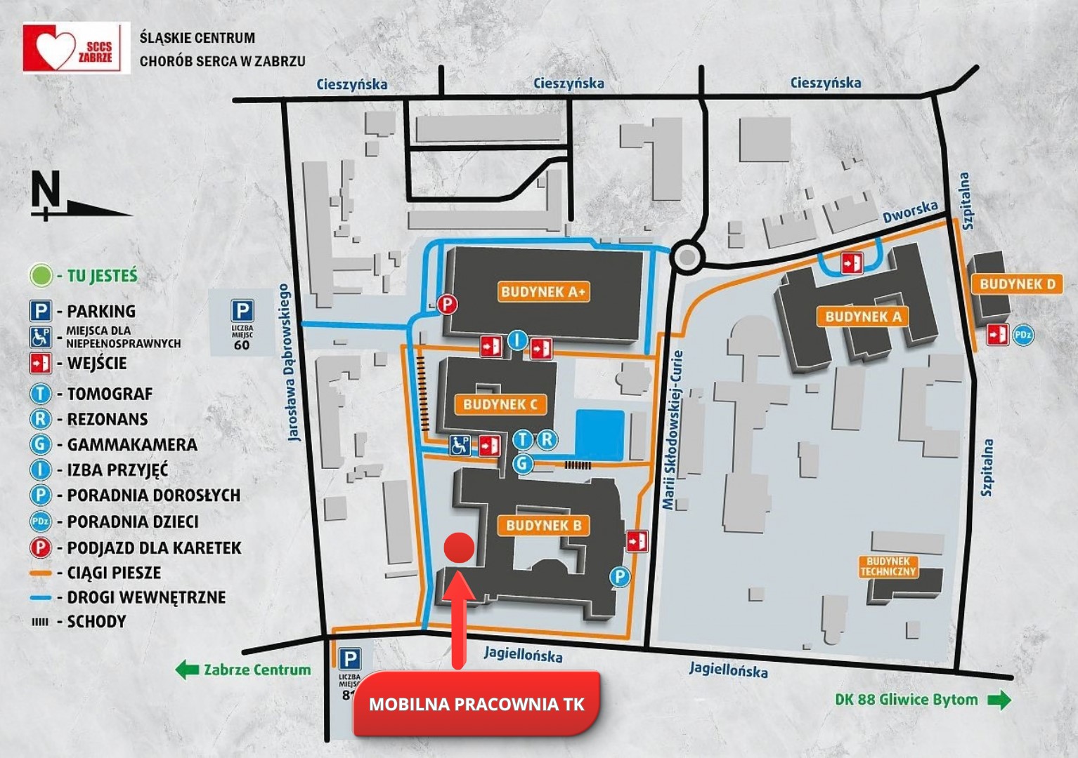 Schemat SCCS z zaznaczoną tymczasową lokalizacją pracowni na parkingu za pawilonem B