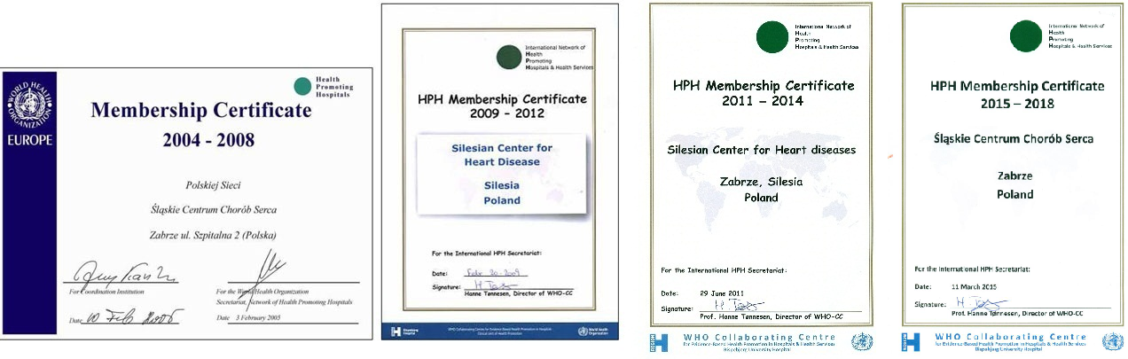cztery certyfikaty Memebership Certificate od 2004 roku do 2018